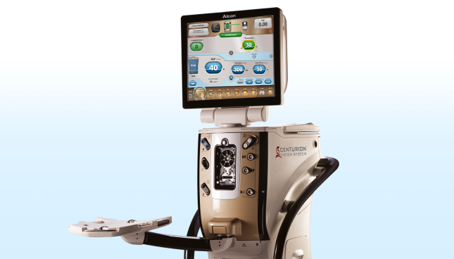 CENTURION Vision System with ACTIVE SENTRY Handpiece in front of a light-blue background